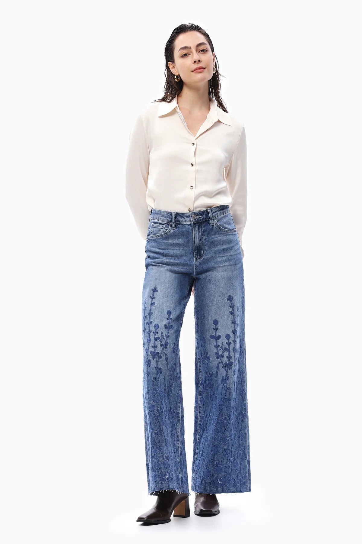 Floral Muse High - Rise Embroidered Wide - Leg Denim – Medium Blue - Sassy Inspiration