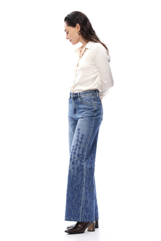 Floral Muse High - Rise Embroidered Wide - Leg Denim – Medium Blue - Sassy Inspiration