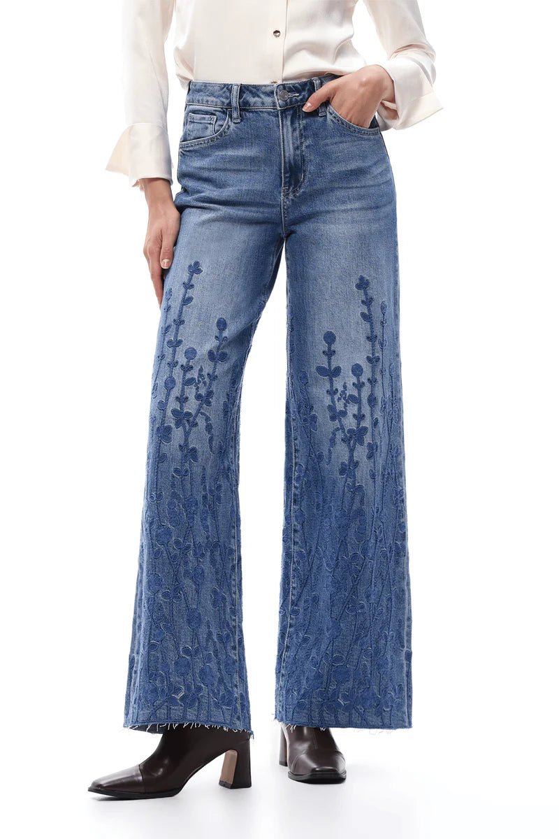 Floral Muse High - Rise Embroidered Wide - Leg Denim – Medium Blue - Sassy Inspiration
