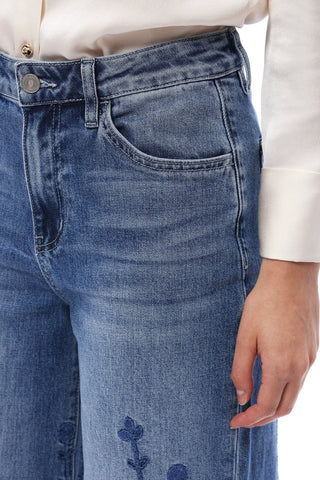Floral Muse High - Rise Embroidered Wide - Leg Denim – Medium Blue - Sassy Inspiration