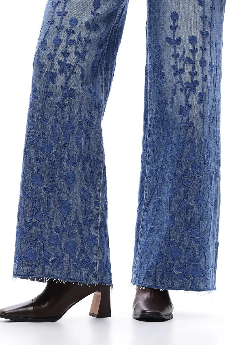 Floral Muse High - Rise Embroidered Wide - Leg Denim – Medium Blue - Sassy Inspiration