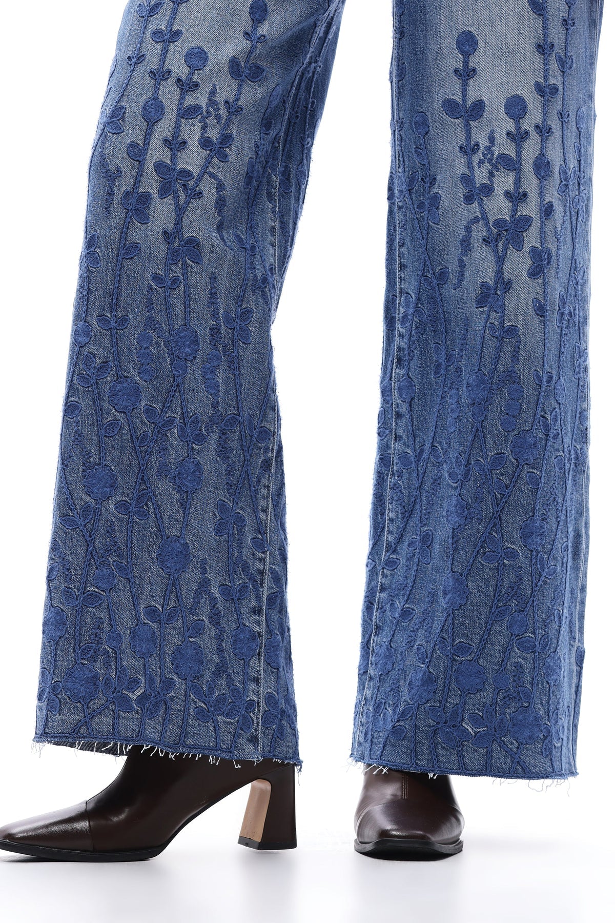 Floral Muse High - Rise Embroidered Wide - Leg Denim – Medium Blue - Sassy Inspiration