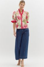 Floral print short puff sleeve - Cream/pink - Sassy Inspiration