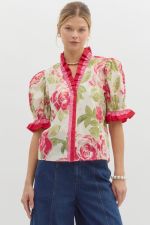 Floral print short puff sleeve - Cream/pink - Sassy Inspiration