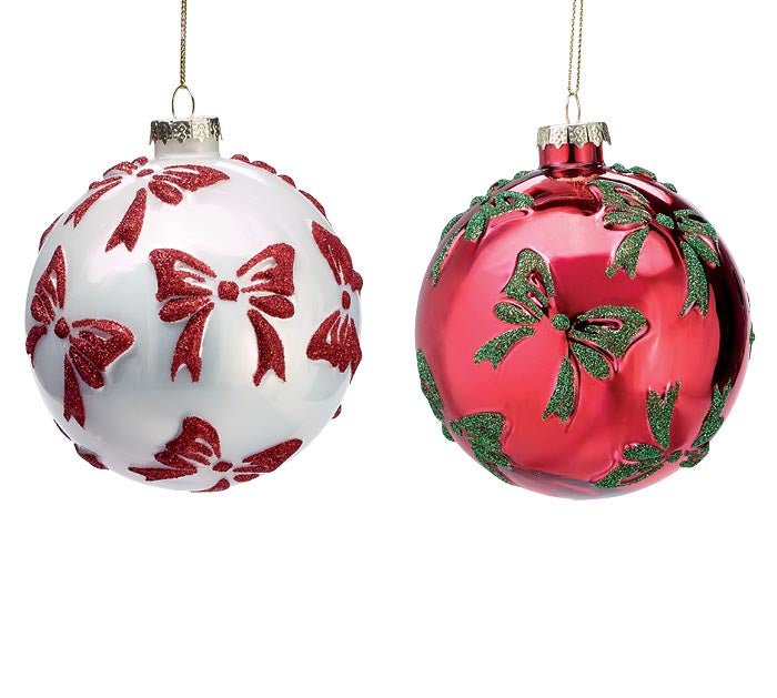 GLASS ORNAMENT ROUND WITH BOWS - Sassy Inspiration