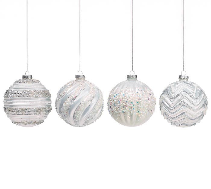 GLASS ORNAMENTS SILVER AND WHITE ASTD S/4 - Sassy Inspiration