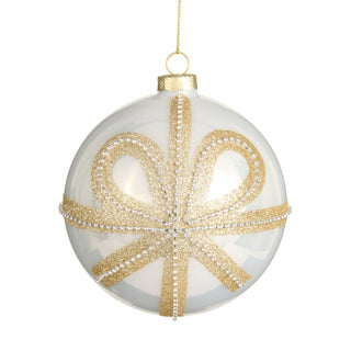 Gold Bow White Glass Ball Ornament – 5" - Sassy Inspiration