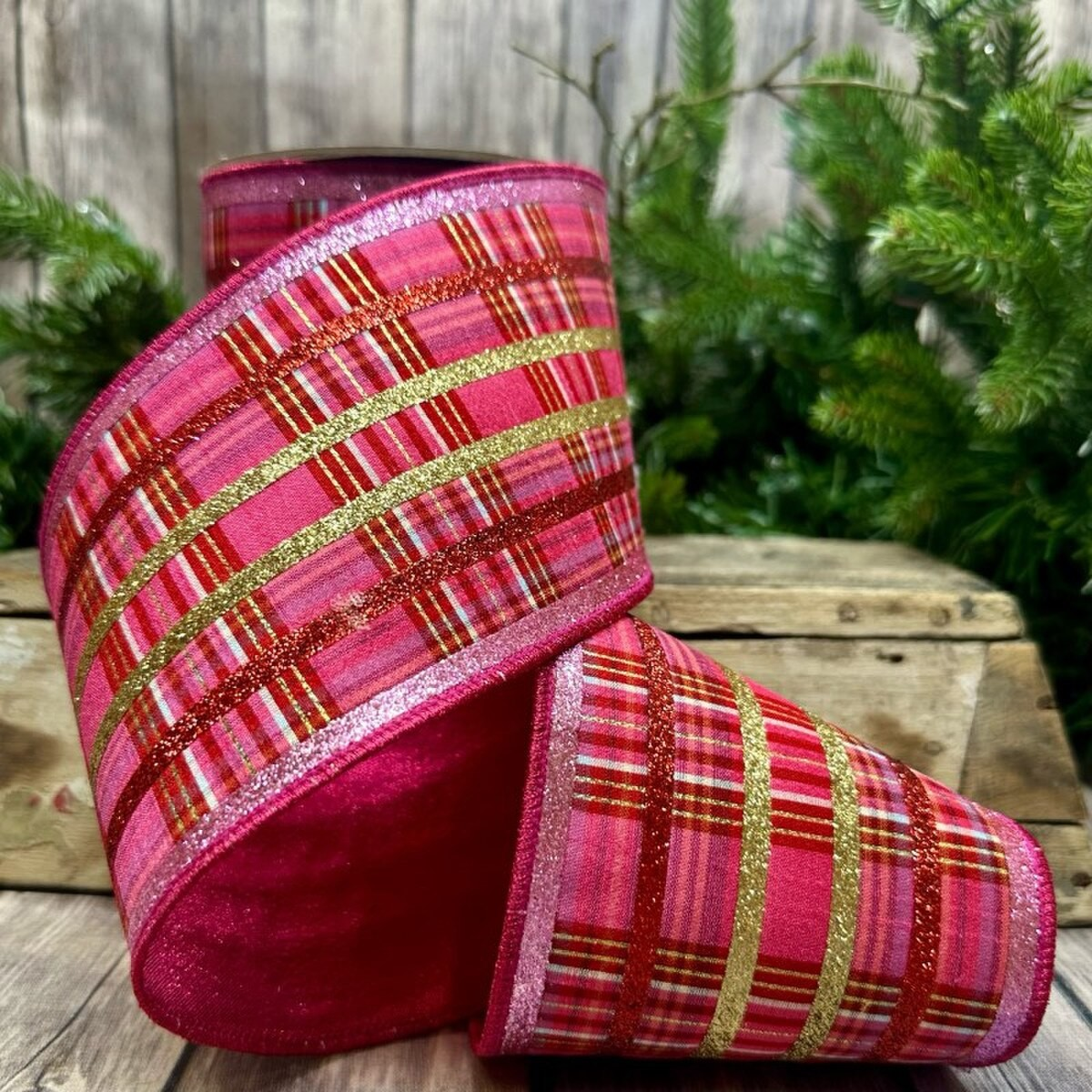 Ribbon - 4" X 5 yds Faux Dupion Plaid Glitter Stripe, Red/Pink/Gold