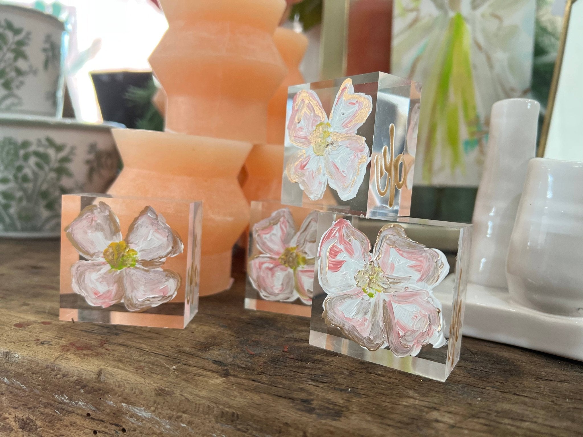 Hand painted Dogwood on Lucite block 2”x2” - Sassy Inspiration