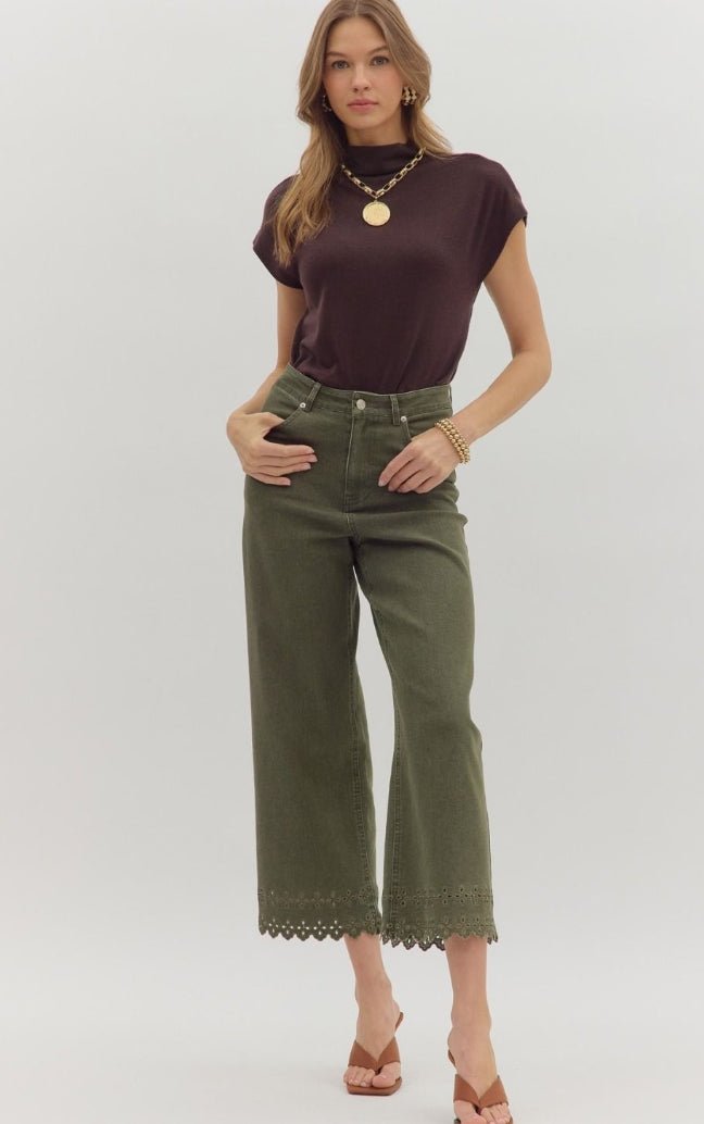 High Waist Ankle Length Pants - Olive - Sassy Inspiration