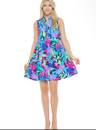 Laison Sleeveless Tiered Dress - Navy Blue Multi Print - Sassy Inspiration