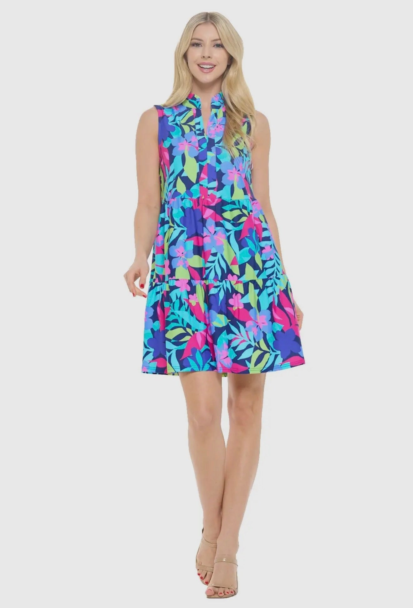 Laison Sleeveless Tiered Dress - Navy Blue Multi Print - Sassy Inspiration
