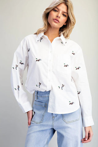 Mallard Moment Embroidered Button Down Shirt - Sassy Inspiration