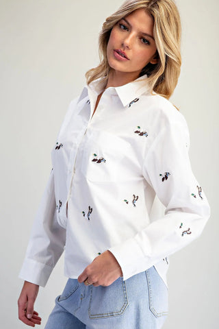 Mallard Moment Embroidered Button Down Shirt - Sassy Inspiration