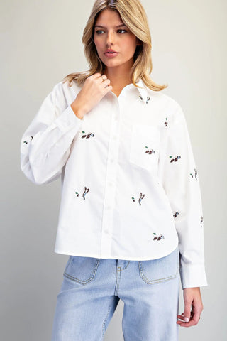 Mallard Moment Embroidered Button Down Shirt - Sassy Inspiration
