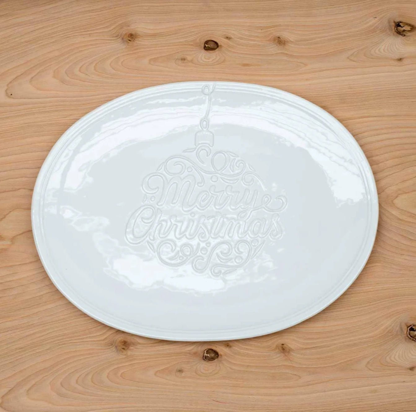 Merry Ornament Embossed Oval Platter White 16x12 - Sassy Inspiration