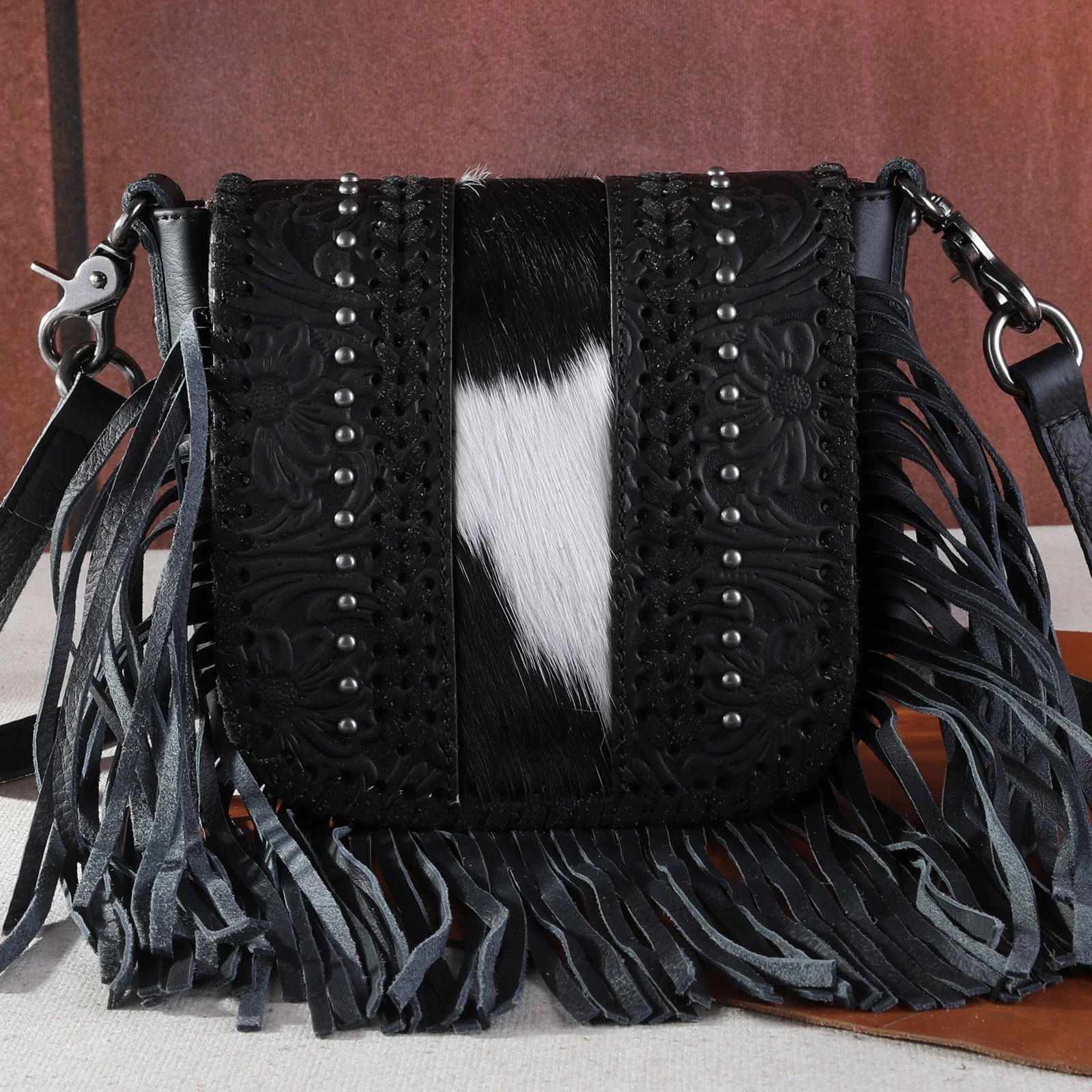 Montana West Genuine Leather Tooled Collection Fringe Crossbody - Sassy Inspiration