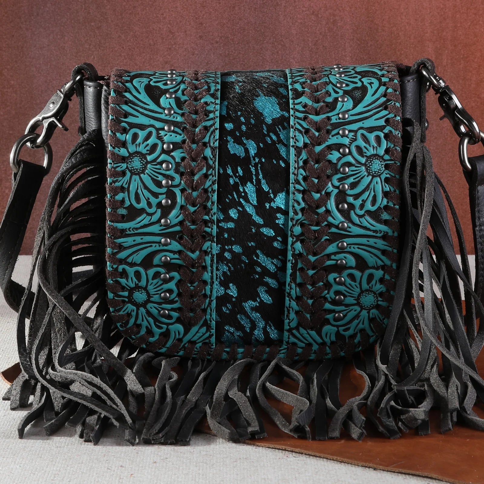 Montana West Genuine Leather Tooled Collection Fringe Crossbody - Sassy Inspiration