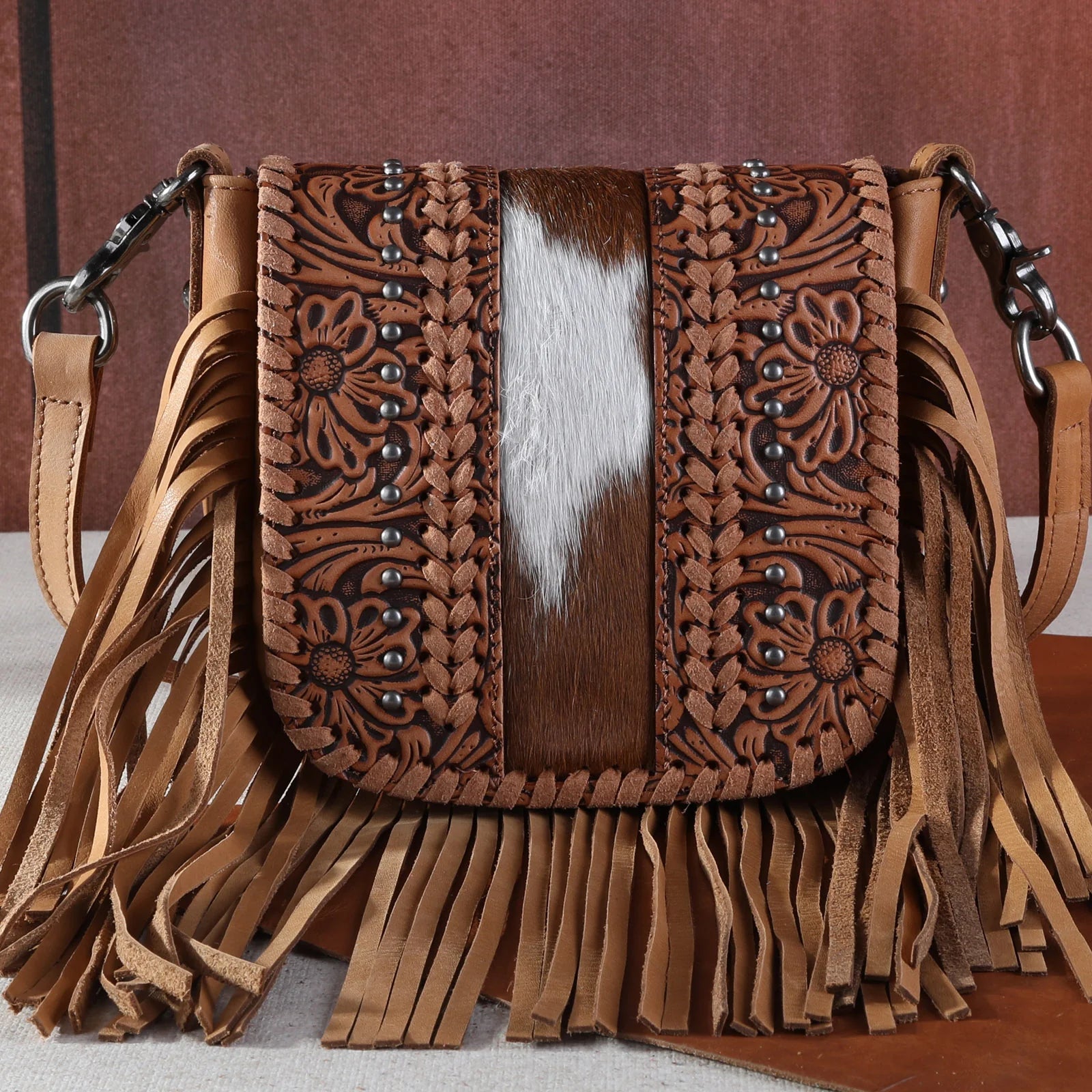 Montana West Genuine Leather Tooled Collection Fringe Crossbody - Sassy Inspiration