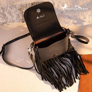Montana West Genuine Leather Tooled Fringe Crossbody - Coffee - Sassy Inspiration