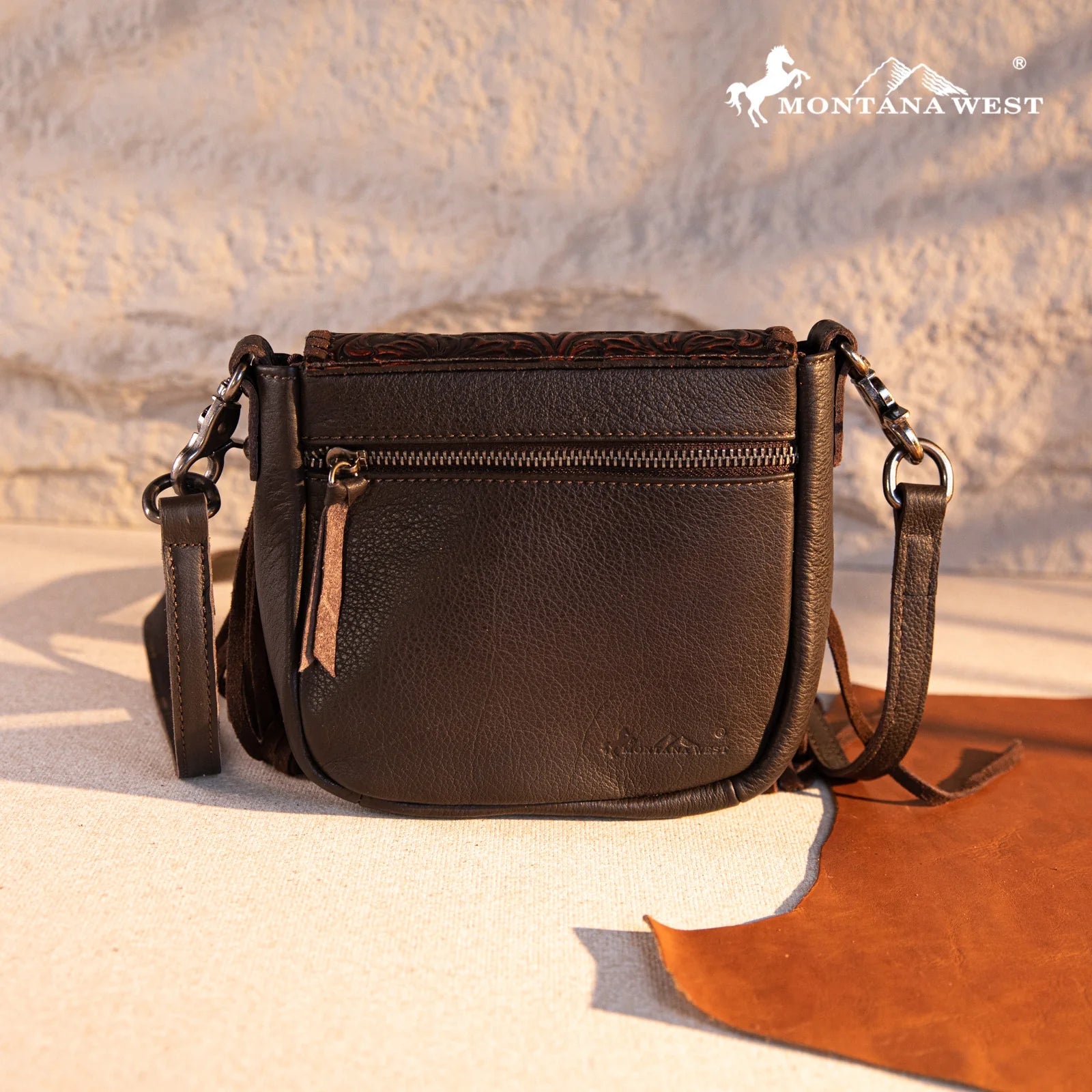 Montana West Genuine Leather Tooled Fringe Crossbody - Coffee - Sassy Inspiration