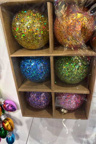Multicolor Chunky Glitter Glass Ball Ornaments – 4", Box of 6 - Sassy Inspiration