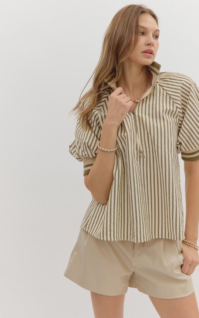 Olive Striped Puff Sleeve Top - Sassy Inspiration