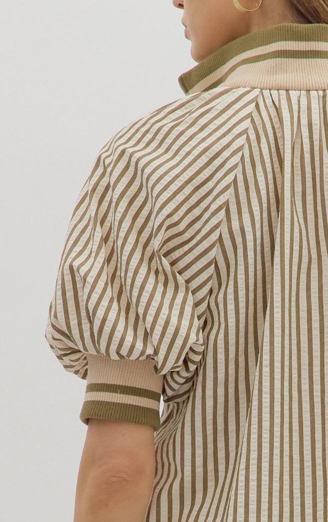 Olive Striped Puff Sleeve Top - Sassy Inspiration