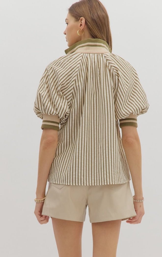 Olive Striped Puff Sleeve Top - Sassy Inspiration