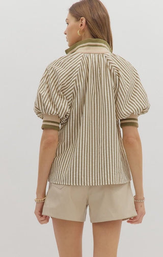 Olive Striped Puff Sleeve Top - Sassy Inspiration