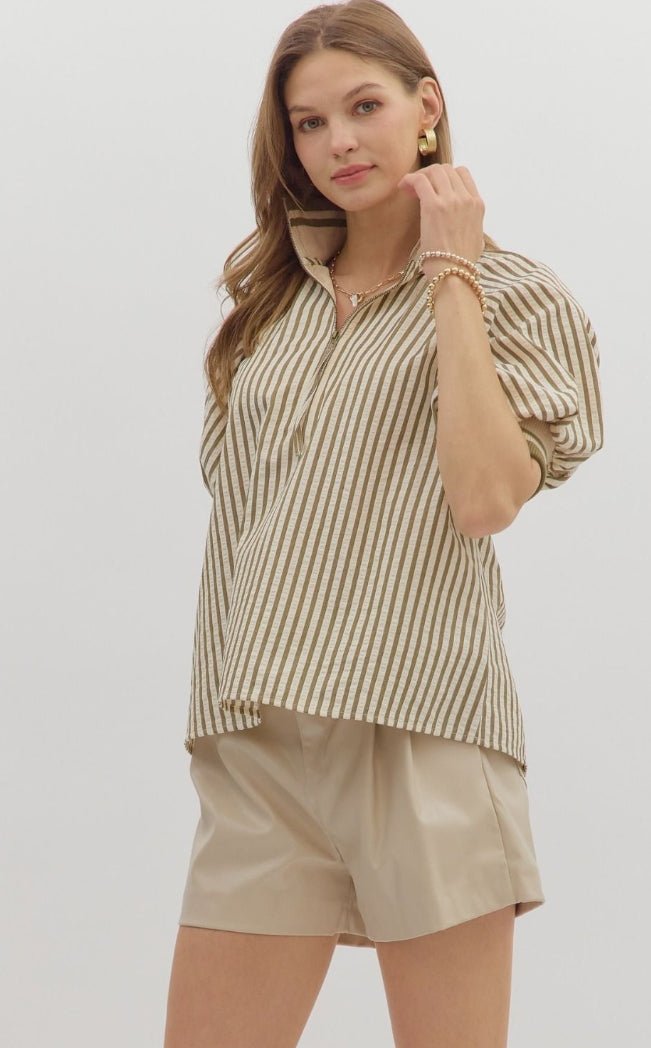 Olive Striped Puff Sleeve Top - Sassy Inspiration