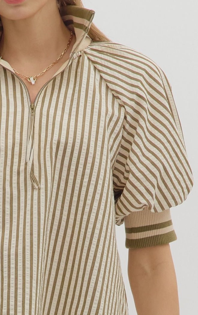Olive Striped Puff Sleeve Top - Sassy Inspiration