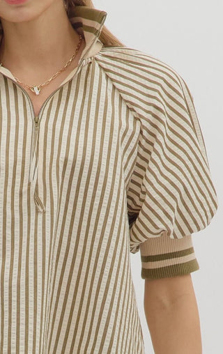 Olive Striped Puff Sleeve Top - Sassy Inspiration