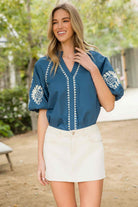 Peacock blue embroidered short puff sleeve top - Sassy Inspiration