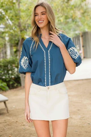 Peacock blue embroidered short puff sleeve top - Sassy Inspiration