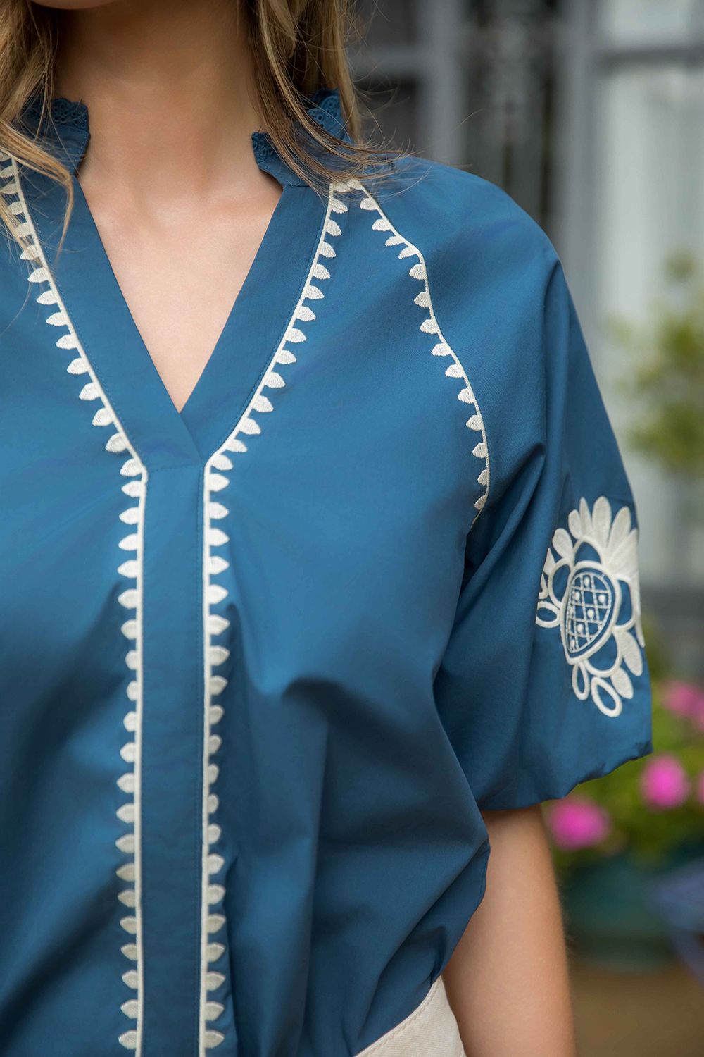 Peacock blue embroidered short puff sleeve top - Sassy Inspiration