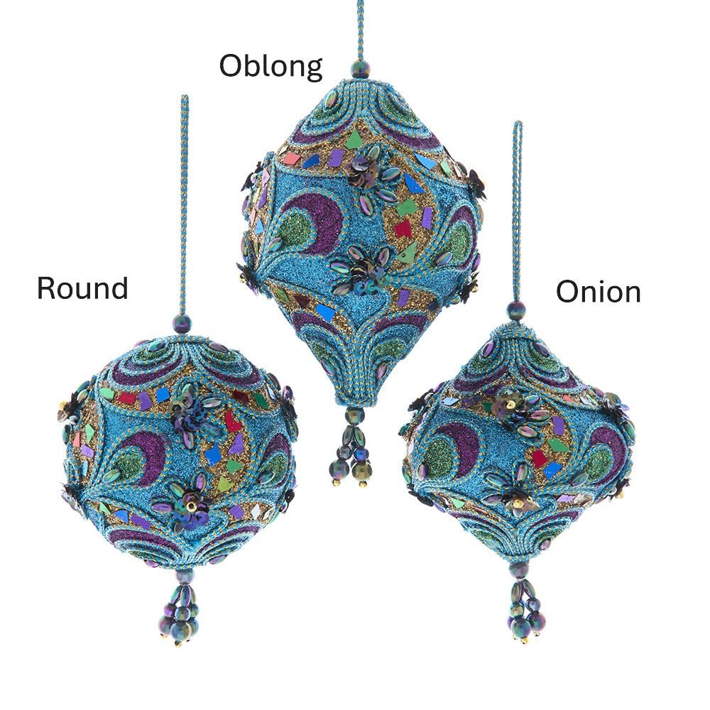 Peacock Finial & Ball Ornaments, 3 Assorted - Sassy Inspiration