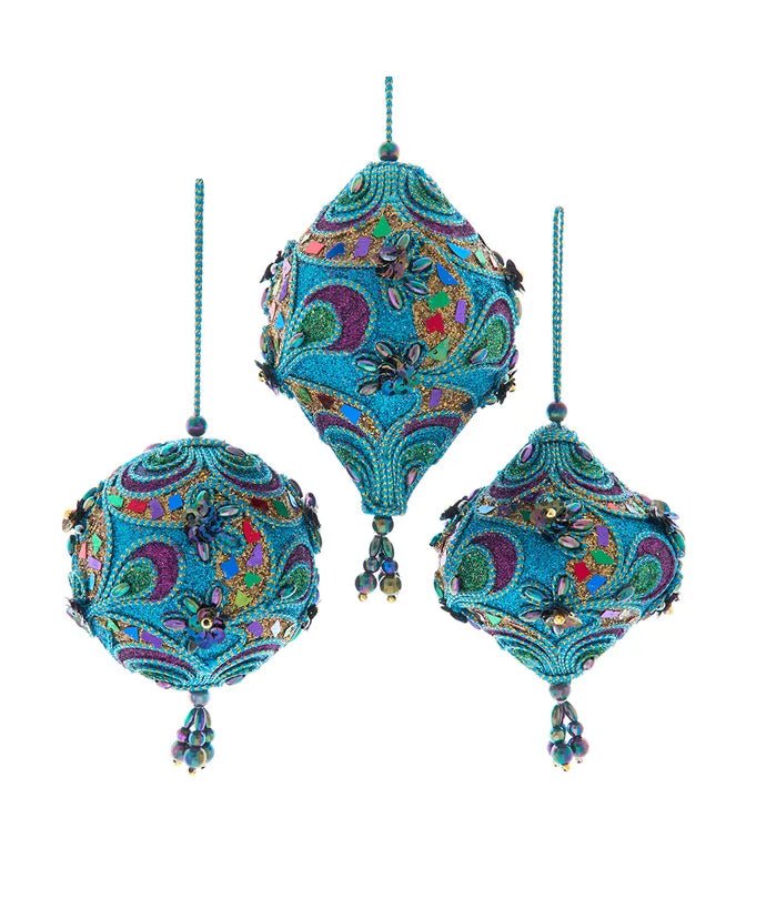 Peacock Finial & Ball Ornaments, 3 Assorted - Sassy Inspiration