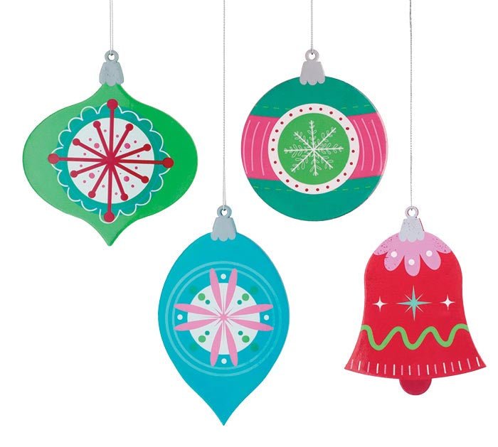 RETRO TIDINGS LACQUER WOODEN ORNAMENTS S/4 - Sassy Inspiration