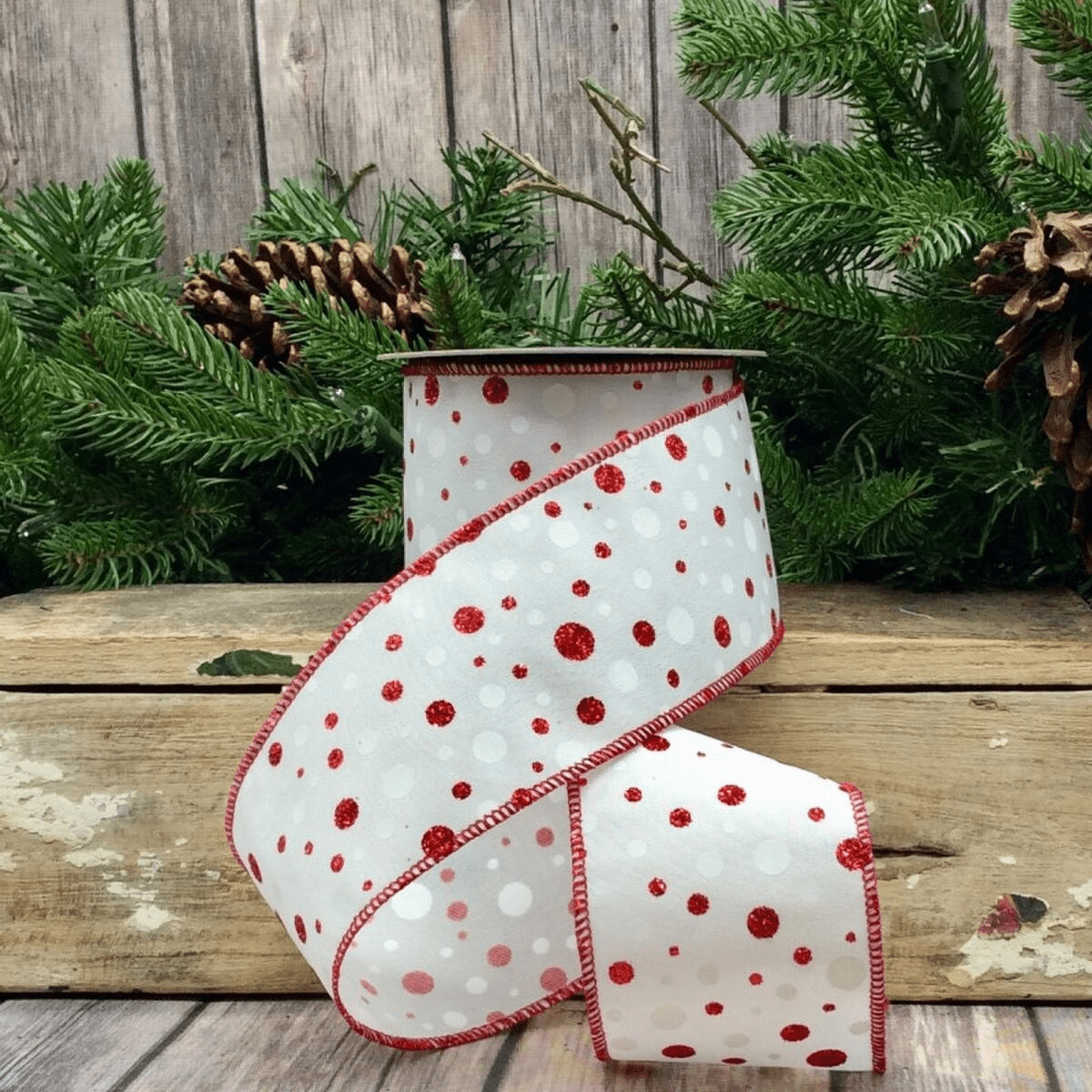 Ribbon - Satin Red Glitter Polka Dots on White - Sassy Inspiration