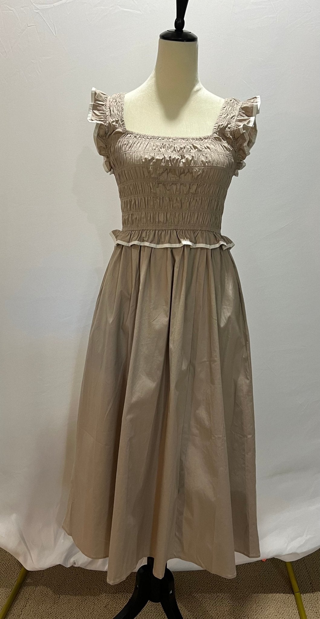 Ruffle Sleeve Cotton Midi Dress Mocha/Cream - Sassy Inspiration