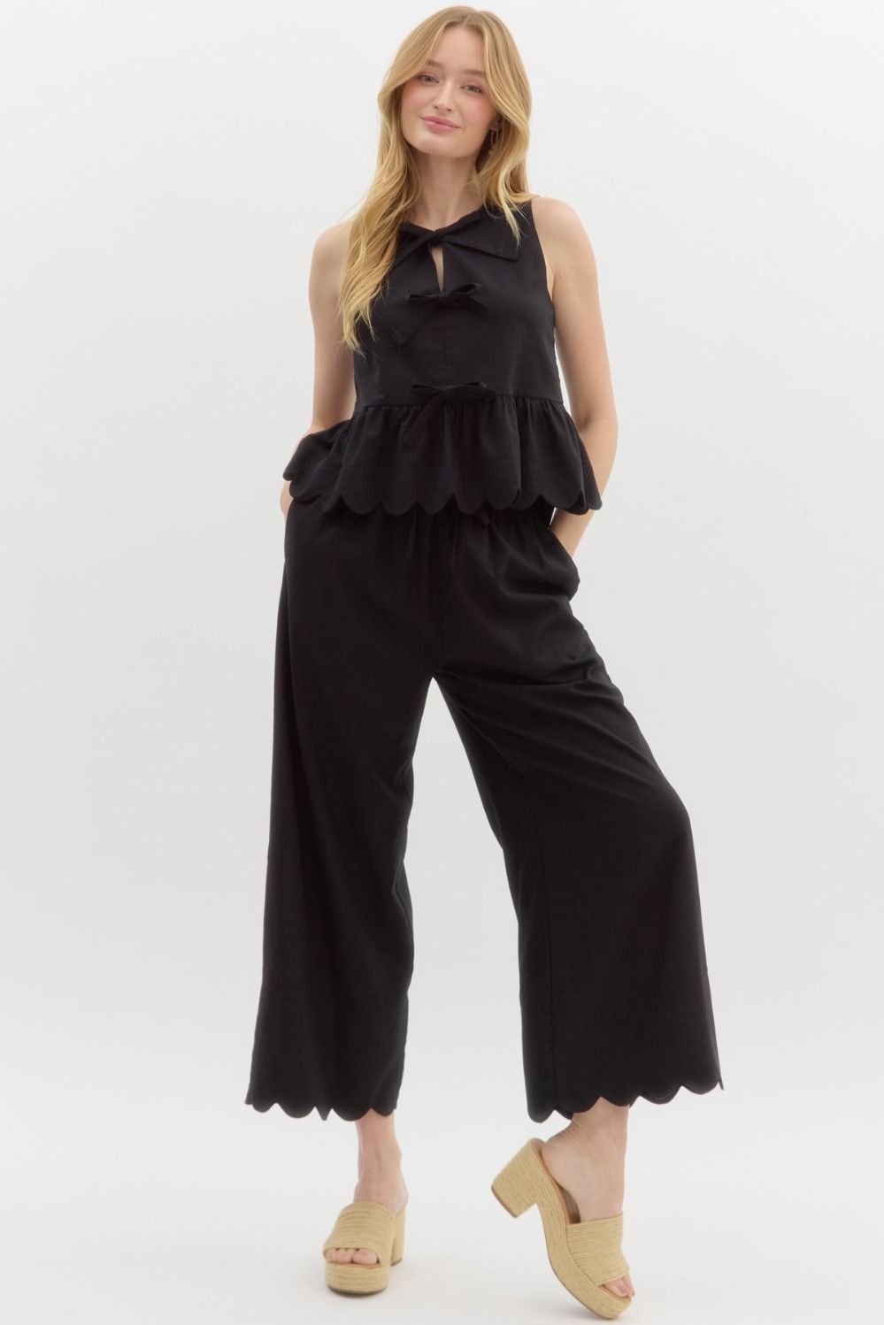 Scallop Hem Wide Leg Pant - Black - Sassy Inspiration
