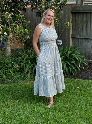 Seaside Stroll Striped Tiered Midi Dress - Sassy Inspiration