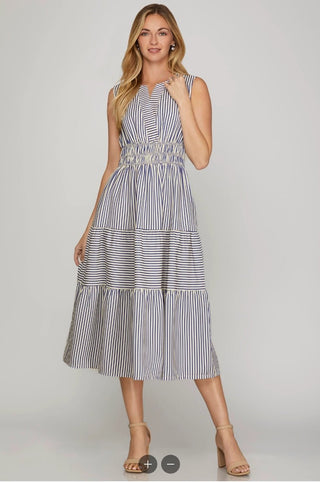 Seaside Stroll Striped Tiered Midi Dress - Sassy Inspiration