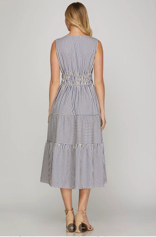 Seaside Stroll Striped Tiered Midi Dress - Sassy Inspiration