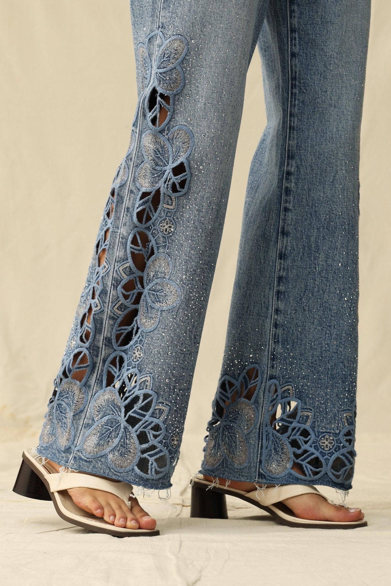 Seoul High - Rise Cutout Rhinestone Denim – Light Blue - Sassy Inspiration