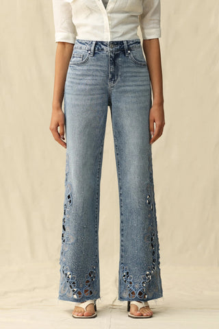 Seoul High - Rise Cutout Rhinestone Denim – Light Blue - Sassy Inspiration