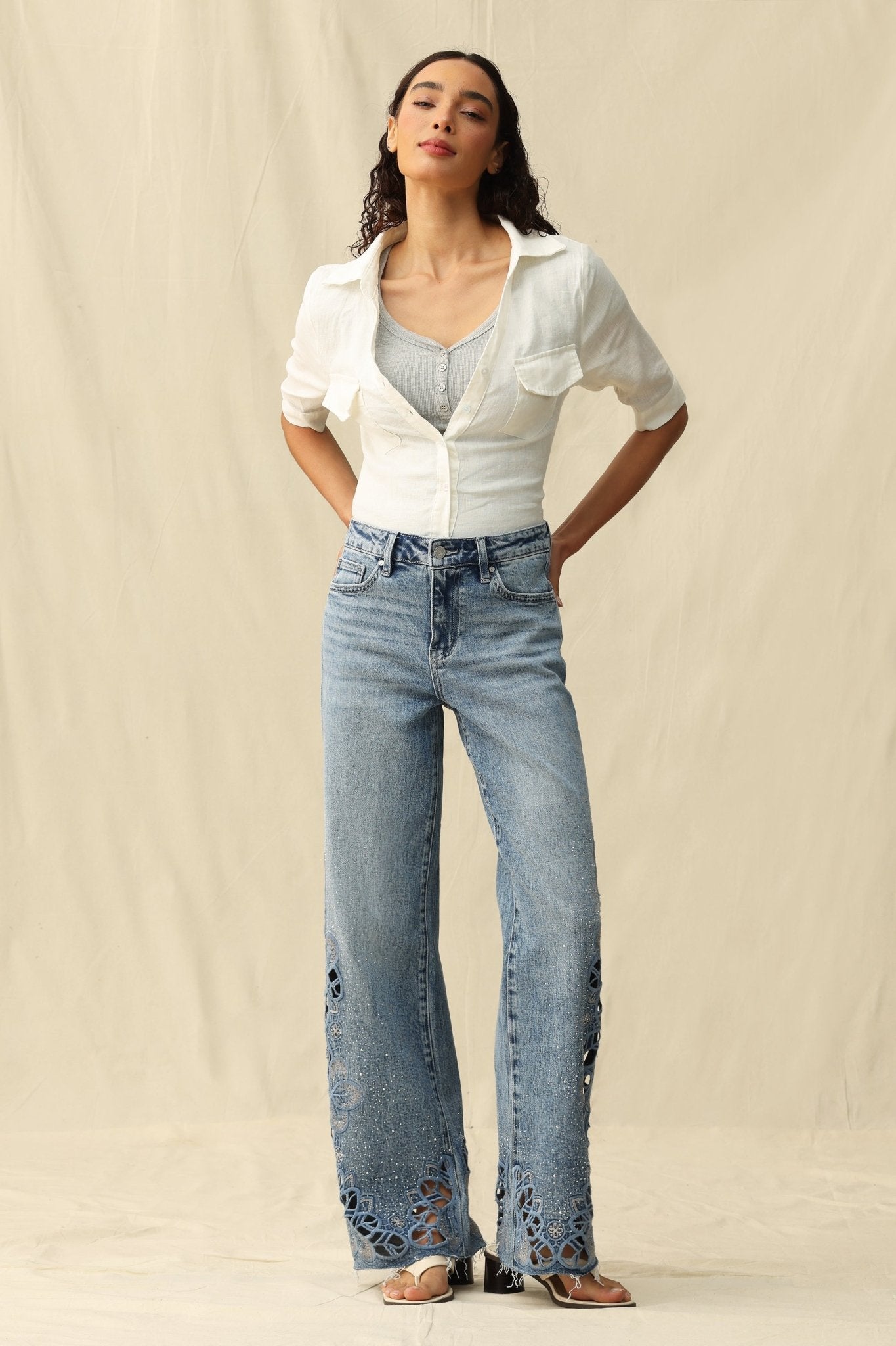 Seoul High - Rise Cutout Rhinestone Denim – Light Blue - Sassy Inspiration