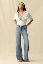 Seoul High - Rise Cutout Rhinestone Denim – Light Blue - Sassy Inspiration