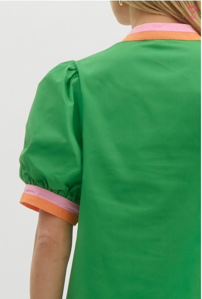 Solid short bubble sleeve featuring multicolor band finish - Kelly green - Sassy Inspiration